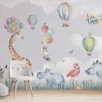 Peel-and-Stick-Kids-Room Airplane Flying Balloon Flamingo Wallpaper Mural
