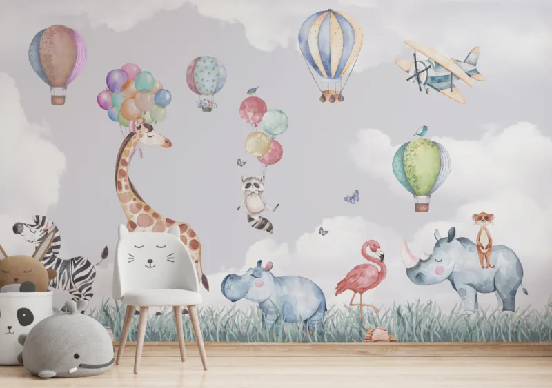 Peel-and-Stick-Kids-Room Airplane Flying Balloon Flamingo Wallpaper Mural