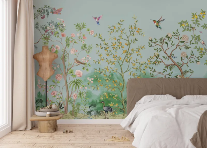 Sky Blue Natural Birds Japanese Garden Floral Wall Mural Home Wall Décor best for the bedroom and living room