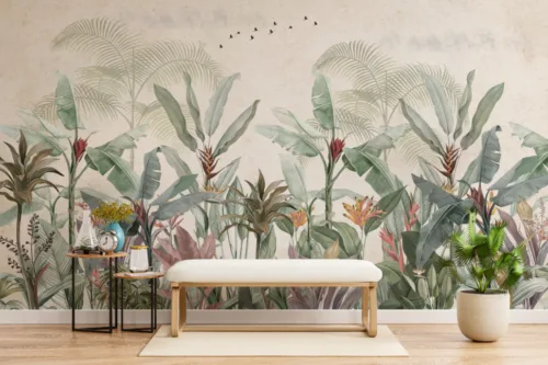 Beautiful Beige Background Tropical Green Wallpaper for Wall Beautiful Beige Background Tropical Green Wallpaper for Wall
