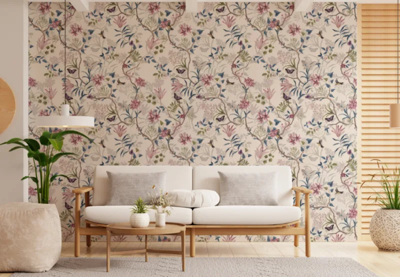 Elegant pink floral art wallpaper for living room wall décor, trending in New York and Brooklyn homes, ideal for modern USA and Europe-inspired interiors.