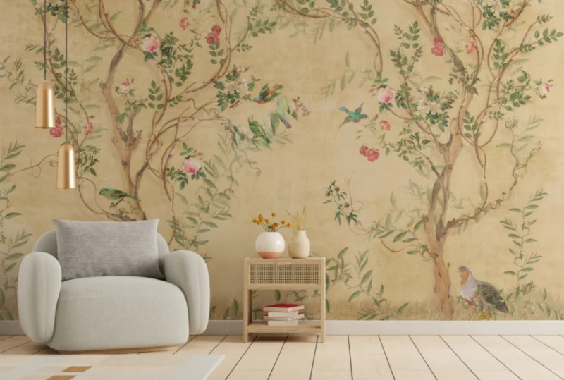 Beautiful Flowers and Sparrow Wallpaper for Wall