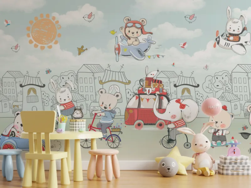 Cycling Elephant and Teddy Kids Wall Mural Sky Theme