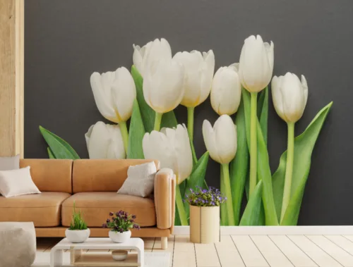 Floral Wall Mural White Green Tulip Style Peel and Stick Wallpaper Floral Wall Mural White Green Tulip Style Peel and Stick Wallpaper