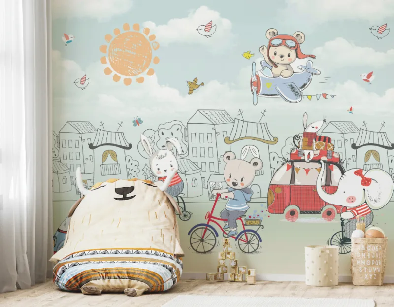 Flying Teddy Bear Cartoon Wallpaper for Toddler Nursery Room