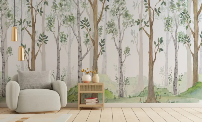 Watercolor Forest Wall Mural Yoga Room