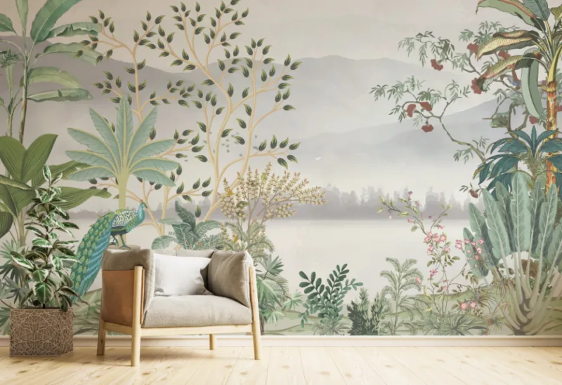 Jungle-River-Wall-Mural-with-Tropical-Leaves Jungle River Wall Mural with Tropical Leaves Elegant wallpaper for wall showcasing a colorful peacock resting amidst dense natural jungle foliage – ideal for tropical-themed interiors