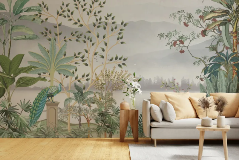 Natural-Jungle-River-Peacock-Wall-Mural-Design Natural Jungle Wall Design River and Peacock Nature-inspired wall design with a peaceful jungle river and majestic peacock – a unique artistic wallpaper concept for earthy interiors
