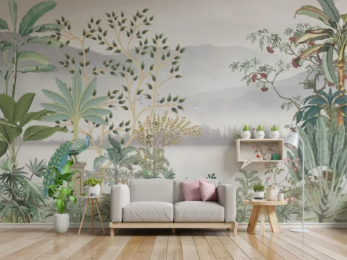 Natural-Jungle-Wall-Design-River-and-Peacock jungle River Wall Mural with Tropical Leaves Immersive jungle wall mural with a flowing river and bold tropical leaves, bringing wild rainforest vibes to your space
