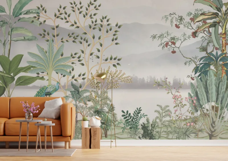 Tropical-Leaves-Jungle-Wall-Mural-Natural-Setting Jungle River Wall Mural with Tropical Leaves Immersive jungle wall mural with a flowing river and bold tropical leaves, bringing wild rainforest vibes to your space