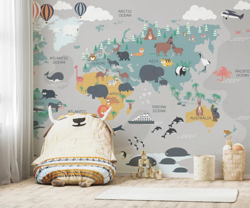 Dreamy Gray Wilderness Map For Kids Room Wallpaper Mural