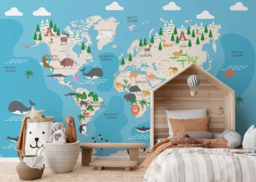 Educational Children Map Blue Theme Animals and Countries Kids Wall Mural Educational Children Map Blue Theme Animals and Countries Kids Wall Mural