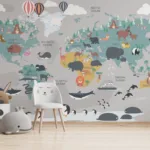 Enchanted Animal Journey Gray World Map Wall Mural Wallpaper