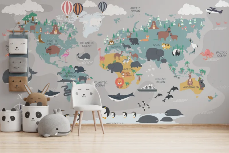 Enchanted Animal Journey Gray World Map Wall Mural Wallpaper