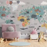 Playful Paws Gray World Map Wall Mural