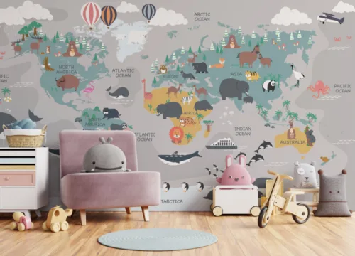 Playful Paws Gray World Map Wall Mural Playful Paws Gray World Map Wall Mural