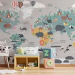 Storybook Gray Animal Map Wallpaper For Kids