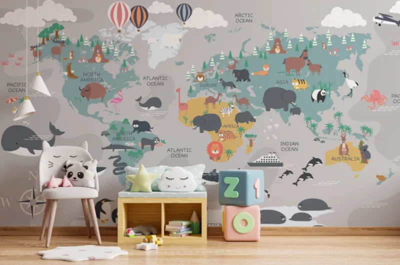 Storybook Gray Animal Map Wallpaper For Kids