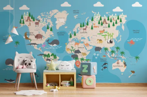 World Map for Kids Blue Animals Country Names Wallpaper for Wall World Map for Kids Blue Animals Country Names Wallpaper for Wall