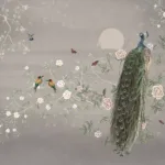 Wall decal featuring a graceful peacock on tree branches with drizzly season florals, adding a calm, artistic touch to classic or nature-themed interiors