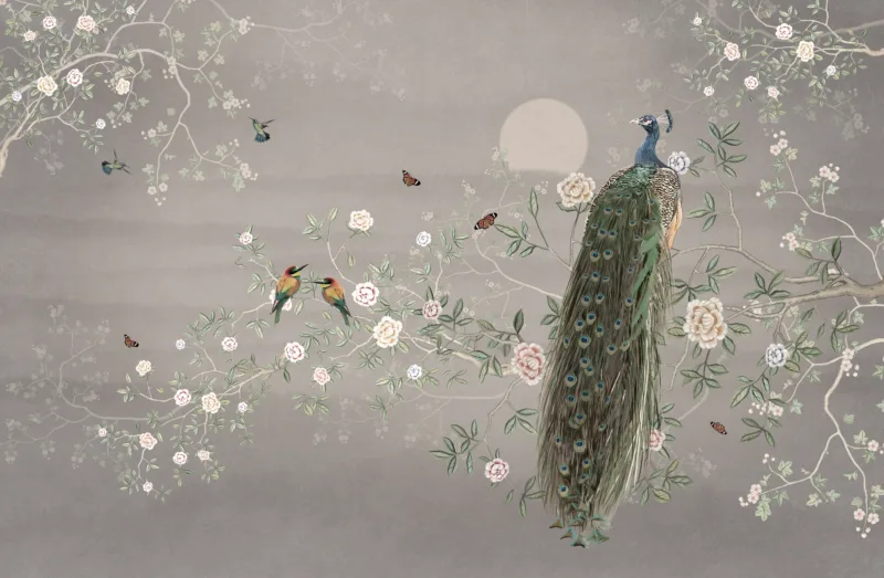 Beautiful Peacock with Tree Branches Drizzly Season Floral Wall Decal Wall decal featuring a graceful peacock on tree branches with drizzly season florals, adding a calm, artistic touch to classic or nature-themed interiors