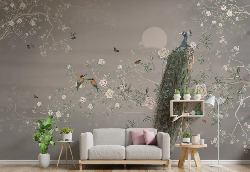 Botanical Chinoiserie Wallpaper Mural with Retro Vintage Peel Stick Botanical Chinoiserie Wallpaper Mural with Retro Vintage Peel Stick classic and elegant interiors