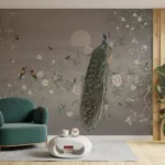 Chinoiserie Peacock Botanical Illustration Vintage Gray Wallpaper Mural Chinoiseries wallpaper mural featuring a vintage gray background with elegant peacock and botanical illustrations, perfect for classic and artistic interiors