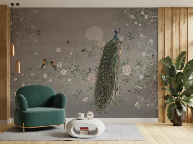 Chinoiserie Peacock Botanical Illustration Vintage Gray Wallpaper Mural Chinoiseries wallpaper mural featuring a vintage gray background with elegant peacock and botanical illustrations, perfect for classic and artistic interiors