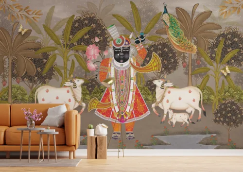Devotional Pichwai Indian Cultural Wall Decoration Wallpaper Mural Design Devotional Pichwai Indian Cultural Wall Decoration Wallpaper Mural Design