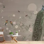 Gray Background Chinoiserie Wallpaper Mural Botanical Sparrow and Peacock Chinoiseries wallpaper mural with a gray background featuring botanical elements, sparrow, and peacock illustrations for an elegant and vintage-inspired wall design