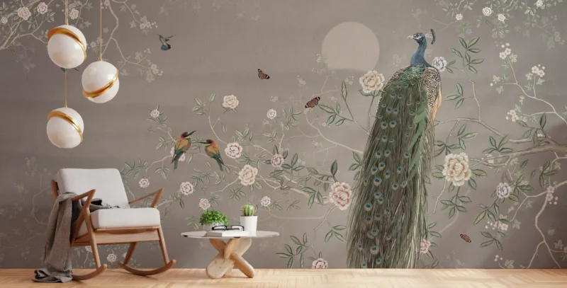 Gray Background Chinoiserie Wallpaper Mural Botanical Sparrow and Peacock Chinoiseries wallpaper mural with a gray background featuring botanical elements, sparrow, and peacock illustrations for an elegant and vintage-inspired wall design