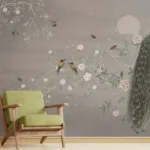 Self Adhesive Chinoiserie Wallpaper Mural Peacock Blossom Trees Gray Elegant self-adhesive Chinoiseries wallpaper mural featuring a gray background with peacocks and blossom trees, perfect for classic and serene wall décor