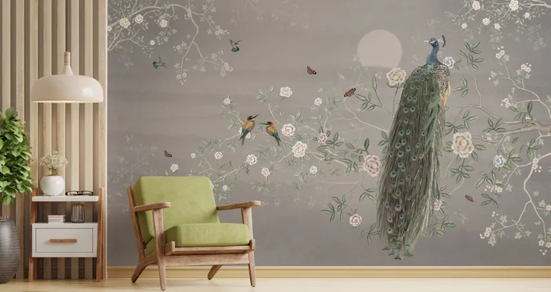 Self Adhesive Chinoiserie Wallpaper Mural Peacock Blossom Trees Gray Elegant self-adhesive Chinoiseries wallpaper mural featuring a gray background with peacocks and blossom trees, perfect for classic and serene wall décor