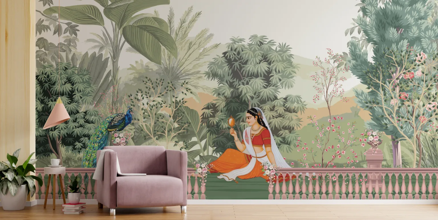 Serene Beauty In Traditional Attire Wallpaper Mughal Art Mural Painting Tropical Serene Beauty In Traditional Attire Wallpaper Mughal Art Mural Painting Tropical, add a beauty of Tropical trees and Peacock and Indian Queen Lady sitting in Tropical Heaven