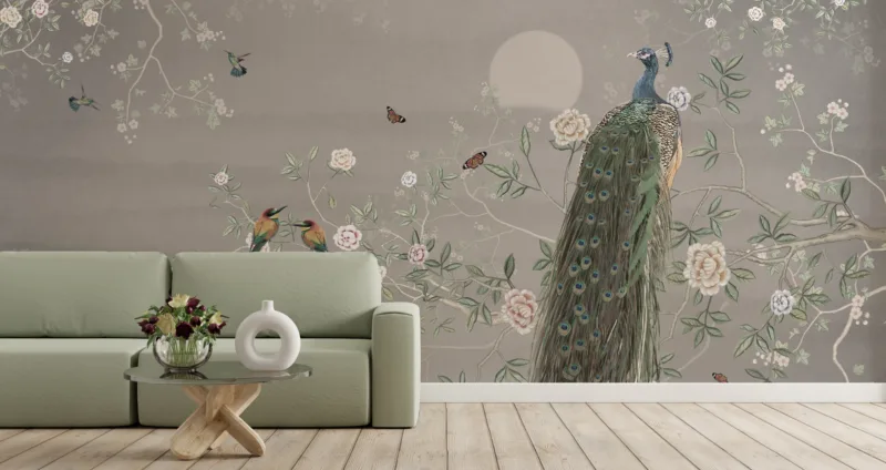 Vintage Chinoiserie mural with a soft gray background, featuring delicate blossom trees for an elegant, timeless touch in classic and artistic interiors Vintage Chinoiseries mural with a soft gray background, featuring delicate blossom trees for an elegant, timeless touch in classic and artistic interiors