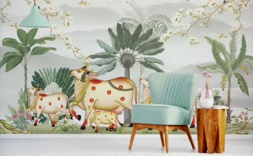 Animal Cow Traditional Wallpaper Pichwai Art Nature Inspired Room Decor Animal Cow Traditional Wallpaper Pichwai Art Nature Inspired Room Decor natural painting wallpaper on your wall and temple wall