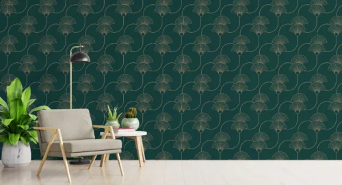 Peel and stick Art Deco wallpaper with an elegant green and gold oval pattern, perfect for adding a luxurious vintage flair to any space