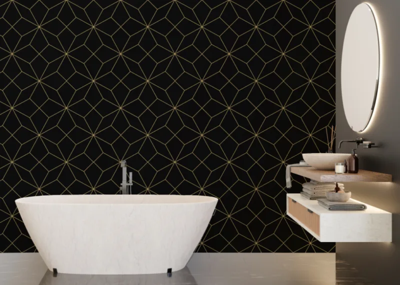 Bold Gold Line Design on Black Background Best Bathroom Wall Design