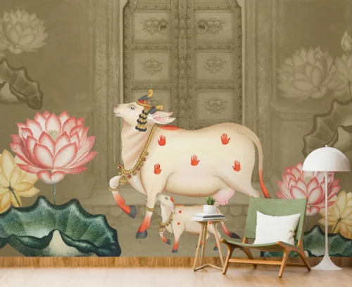 Brown Color Temple Background Mythological Painting Indian Wallpaper Mural Brown Color Temple Background Mythological Painting Indian Wallpaper Mural Spiritual Atmosphere for Home and Temple