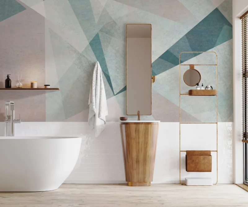 Calming Abstract Shapes with Beige and Pink Accents Bathroom Wall Mural