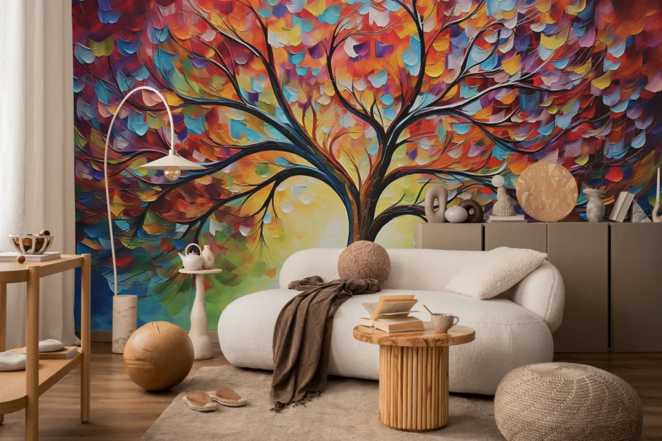 Golden Brushstroke Tree Wallpaper Oil Canvas Textured Zen Decor The artistic blend of earthy and vibrant tones creates a serene forest landscape ideal for enhancing mindfulness and stylish interior aesthetics. Golden Brushstroke Tree Wallpaper Oil Canvas Textured Zen Decor