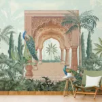 Indian Art Flora And Fauna Plants With Peacocks Trees And Pavilion Architectural Wall Decal Indian Art Flora And Fauna Plants With Peacocks Trees And Pavilion Architectural Wall Decal