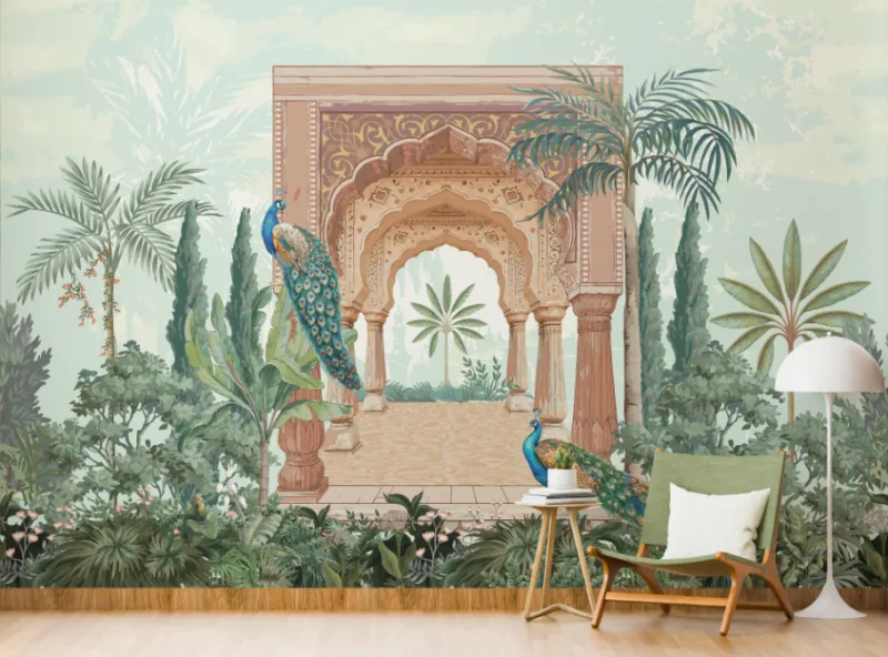 Indian Art Flora And Fauna Plants With Peacocks Trees And Pavilion Architectural Wall Decal Indian Art Flora And Fauna Plants With Peacocks Trees And Pavilion Architectural Wall Decal