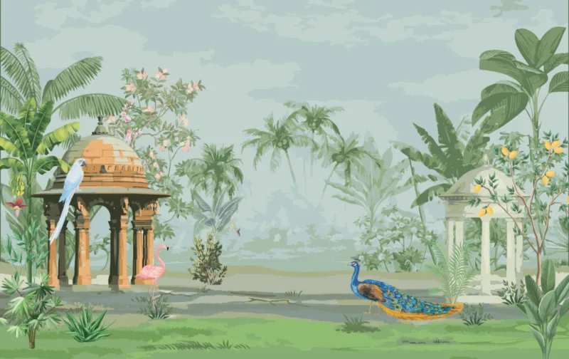 Indian Miniature Painting Rajasthani Style Peacock and Parrot with Trees Removable Wallpaper Indian Miniature Painting Rajasthani Style Peacock and Parrot with Trees Removable Wallpaper