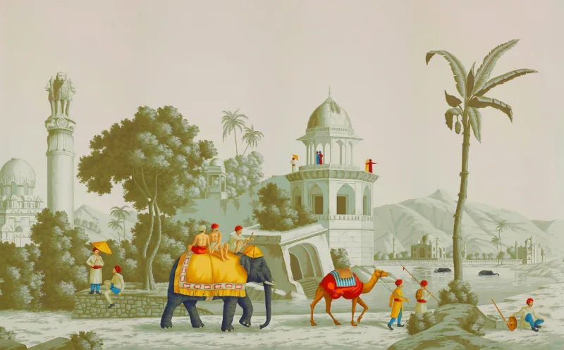 Indian Mughal Inspired Landscape Elephant Camel Peel and Stick Wallpaper