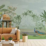 Indian Style Pavilion And Birds With Trees Nature Wall Design Self Adhesive Wallpaper, featuring a scenic pavilion, birds, and trees in a serene natural setting — a self-adhesive wall design that brings peaceful charm to any space