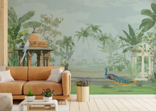 Indian Style Pavilion And Birds With Trees Nature Wall Design Self Adhesive Wallpaper, featuring a scenic pavilion, birds, and trees in a serene natural setting — a self-adhesive wall design that brings peaceful charm to any space