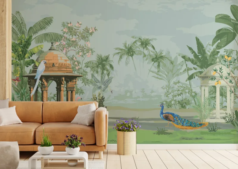 Indian Style Pavilion And Birds With Trees Nature Wall Design Self Adhesive Wallpaper, featuring a scenic pavilion, birds, and trees in a serene natural setting — a self-adhesive wall design that brings peaceful charm to any space