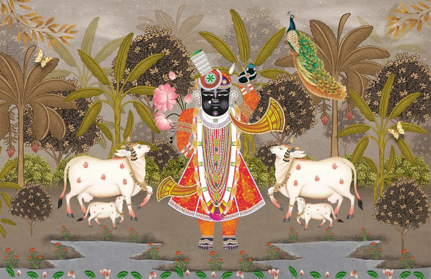 Indian Traditional Pichwai Art Shreenathji Peel and Stick Wallpaper Wall Design