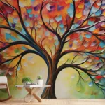 Meditation Wall Decor Abstract Tree Art Peel Stick Wallpaper - "Tranquil multicolor forest landscape wall art featuring a canvas-style design with abstract trees, creating a serene and peaceful atmosphere for modern Zen-inspired home décor.